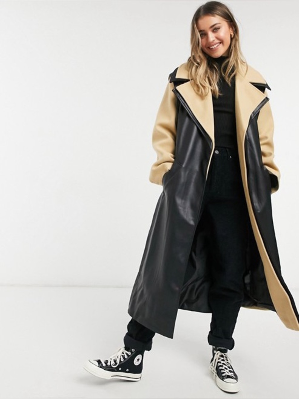 ASOS DESIGN Hybrid Leather Look Belted Coat Camel Black Longline Coat